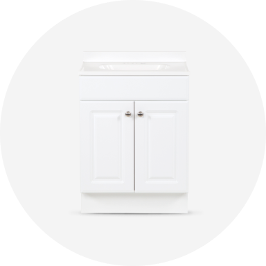 A light gray single-sink vanity with a white top.