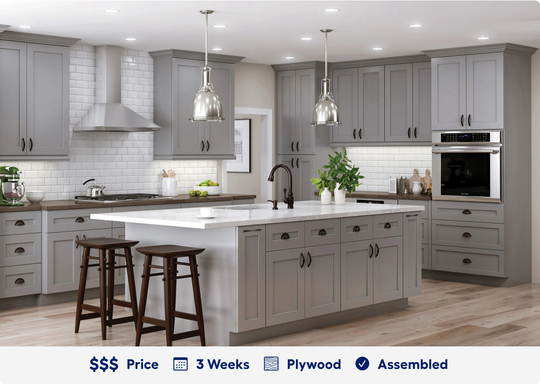 Thornbury Pastel Gray. 3 dollar sign price point. Ready in 3 weeks. Made of plywood. Assembled.