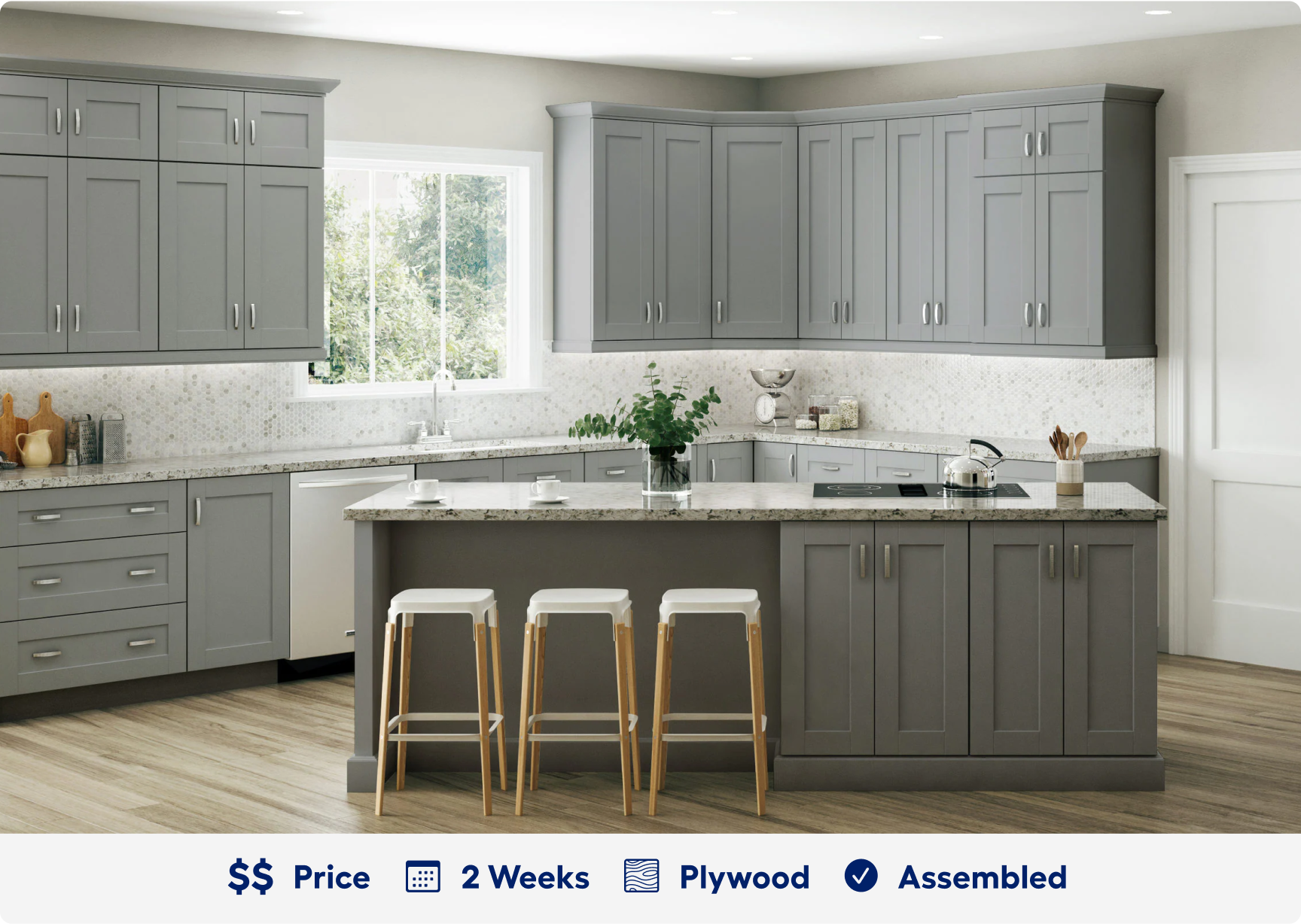 Weston Volcano Gray. 2 dollar sign price point. Ready in 2 weeks. Made of plywood. Assembled.