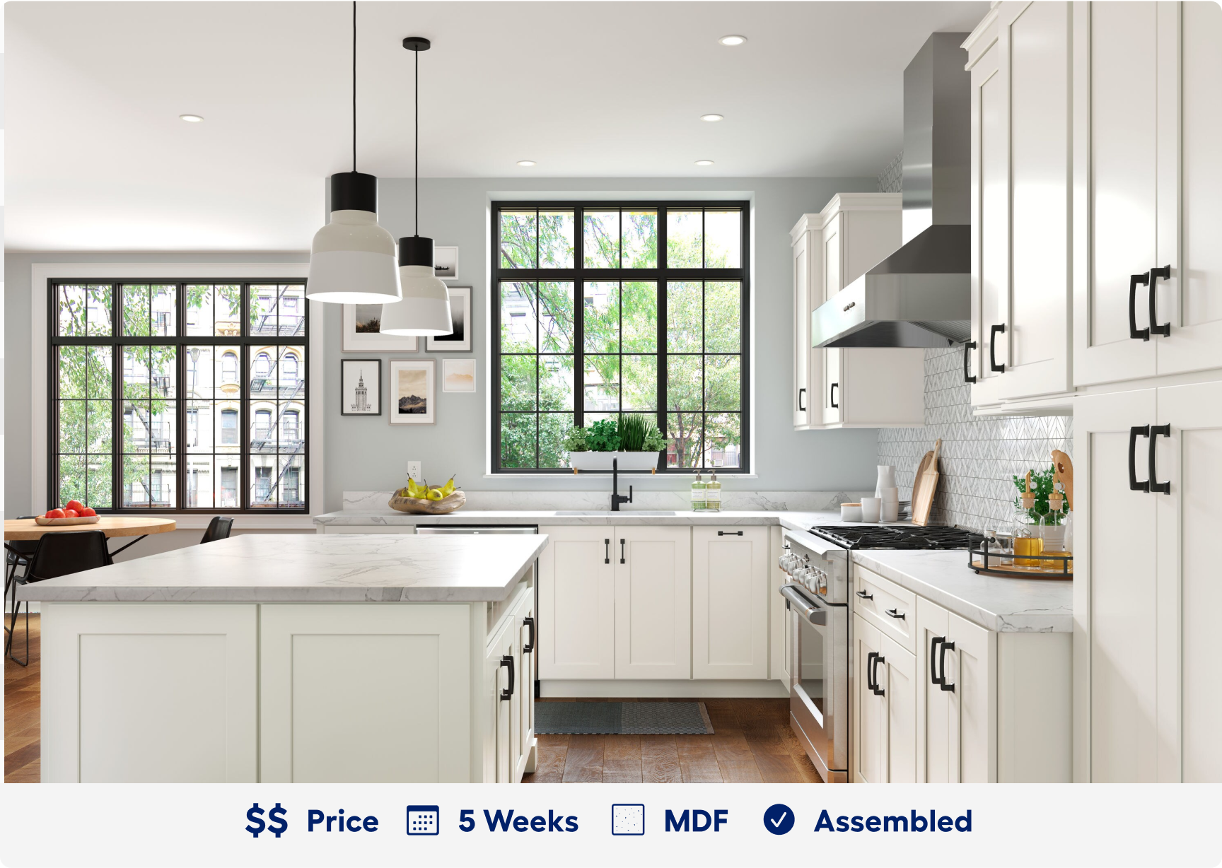 Aveley white cabinetry. 2 dollar sign price point. Ready in 5 weeks. Made of M D F. Assembled.