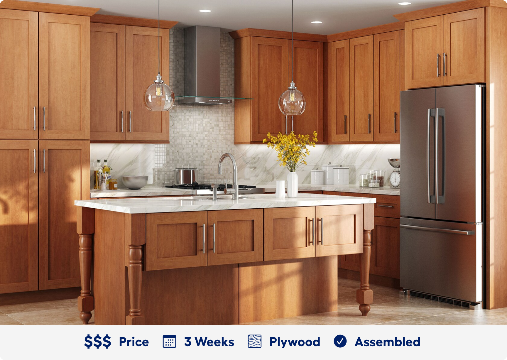 Heston Cider cabinets. 3 dollar sign price point. Ready in 3 weeks. Made of plywood. Assembled. 