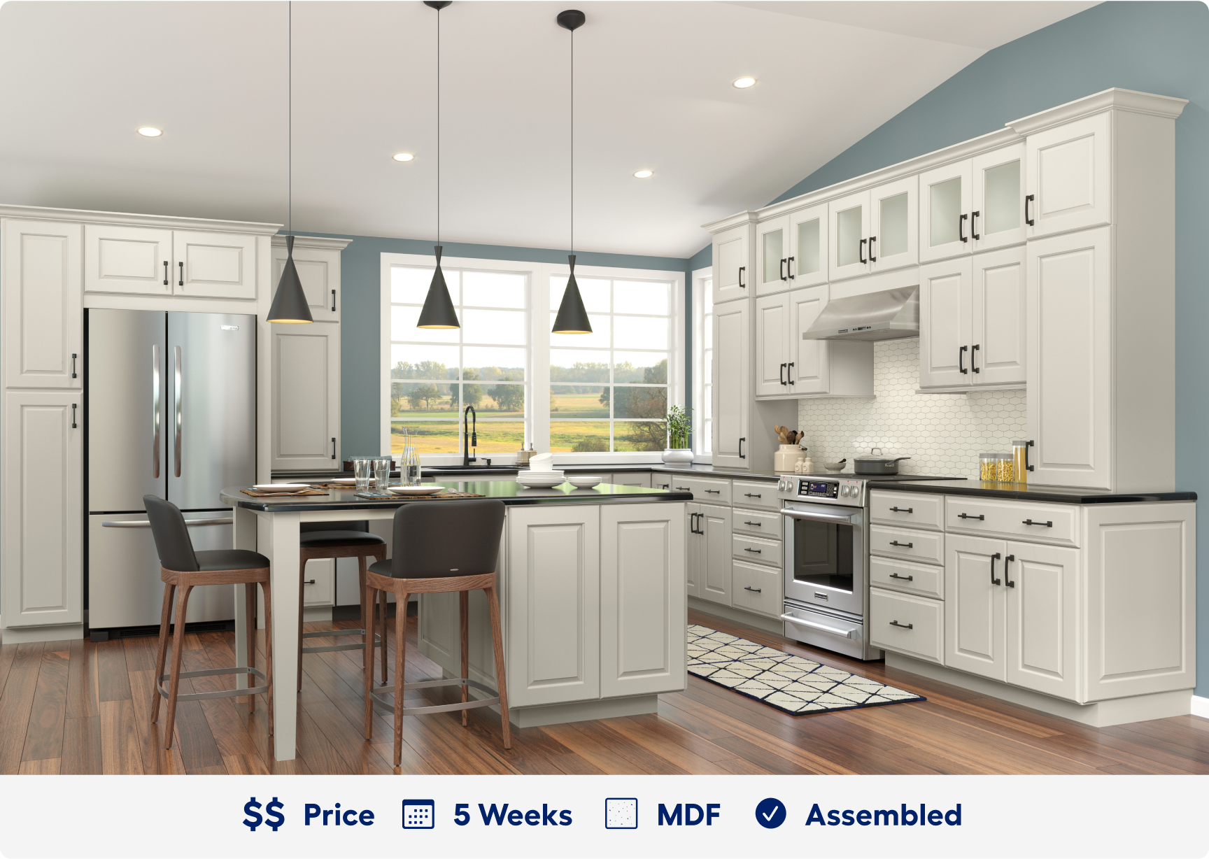 Pattingham cabinetry. 2 dollar sign price point. Ready in 5 weeks. Made of M D F. Assembled.