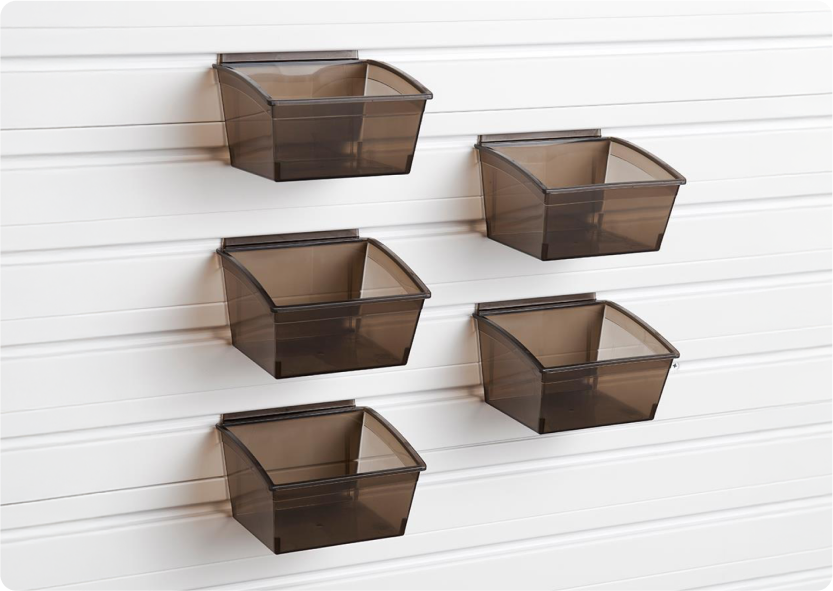 5 small brown hanging bins.