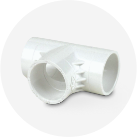 A white P V C 90-degree tee.