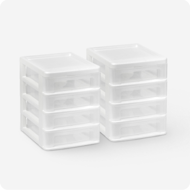 Two white storage containers with 4 clear drawers each.