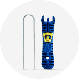 A blue drip irrigation hole punch with silver tubing stake.