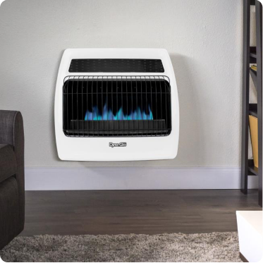 A gas space heater hanging on a white wall to the left of a brown bookcase.