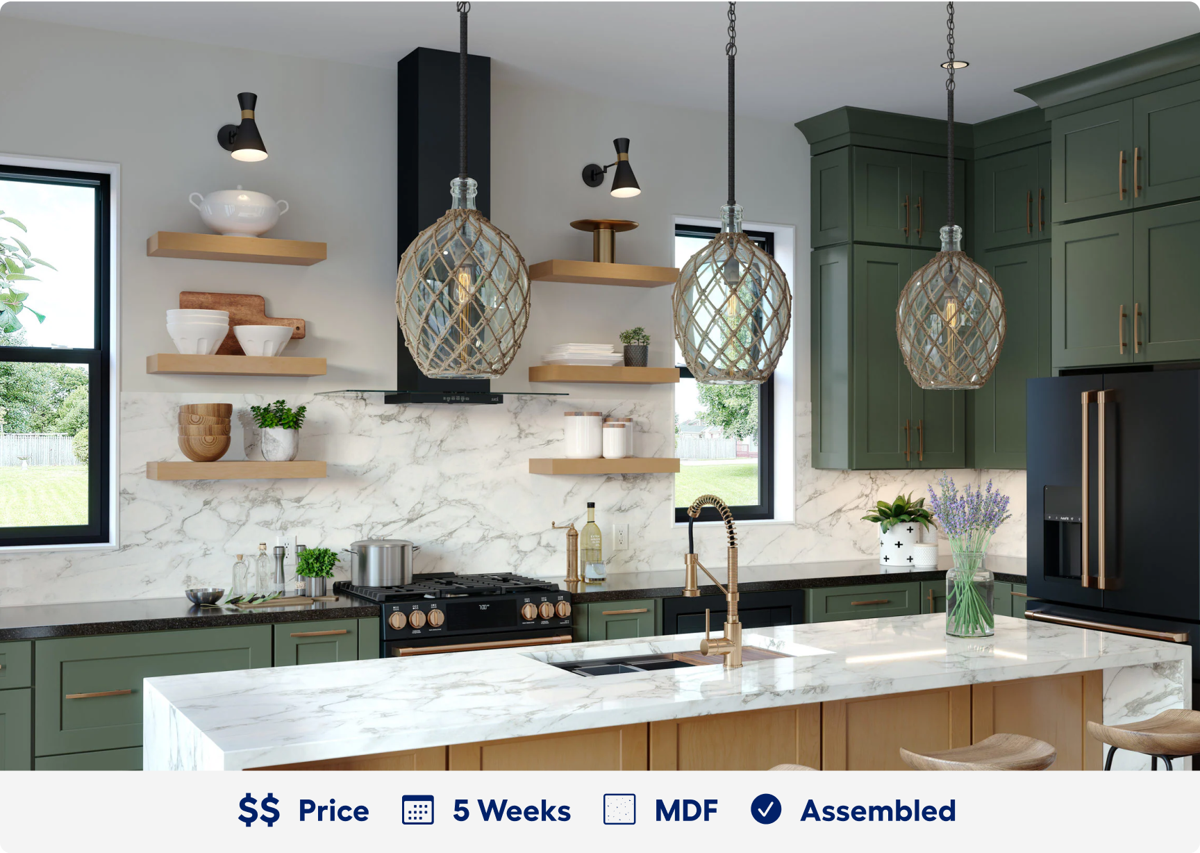 Galway cabinets. 2 dollar sign price point. Ready in 5 weeks. Made of M D F. Assembled.