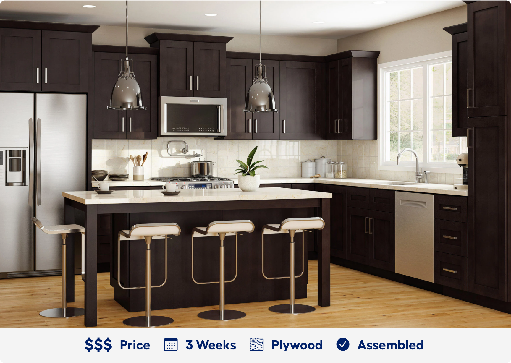 Fairfax Mesquite cabinetry. 3 dollar sign price point. Ready in 3 weeks. Made of plywood. Assembled.