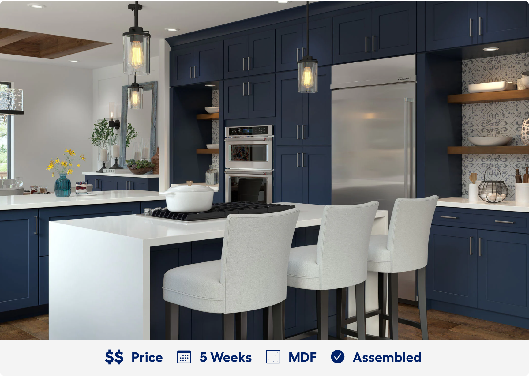 Port cabinets. 2 dollar sign price point. Ready in 5 weeks. Made of M D F. Assembled.