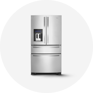 A stainless steel French door bottom-freezer refrigerator.