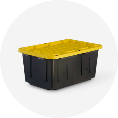 A black plastic storage bin with a yellow lid.