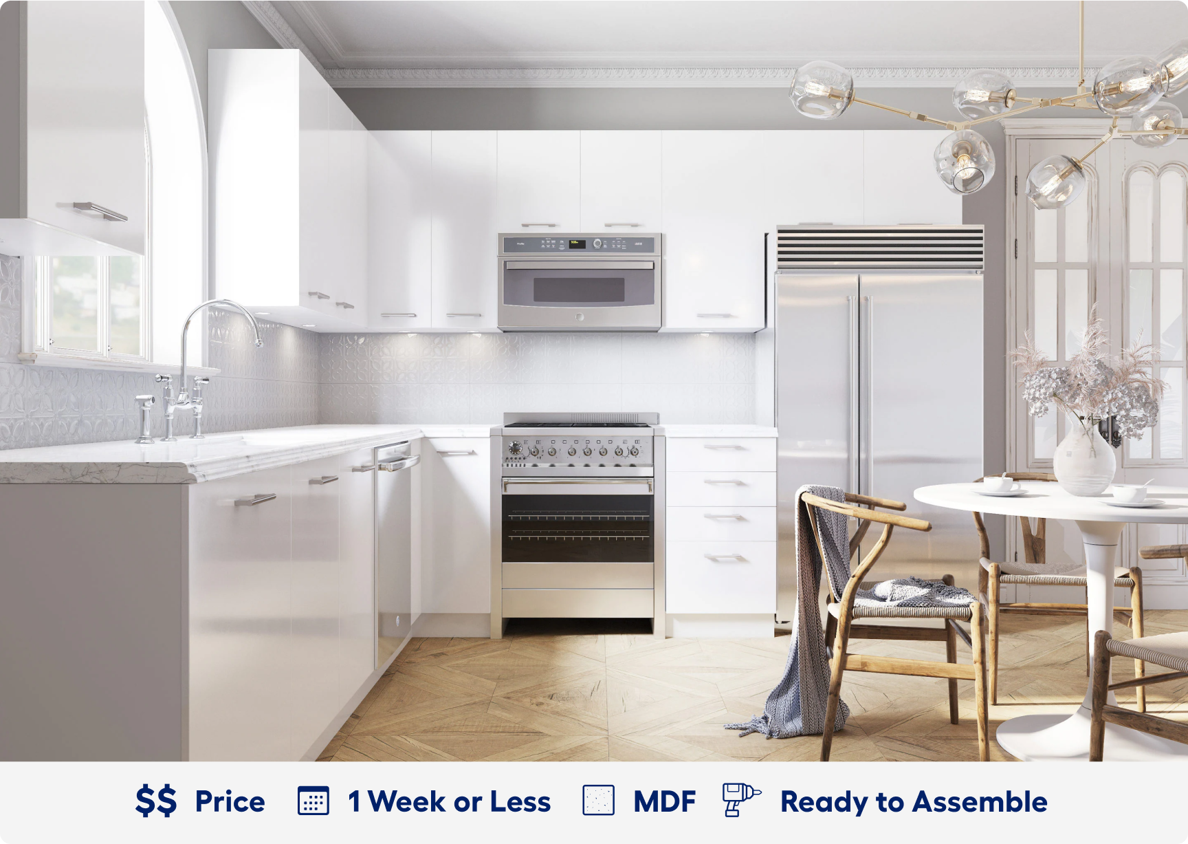 Cambridge cabinetry. 2 dollar sign price point. Ready in 1 week. Made of M D F. Ready to assemble.