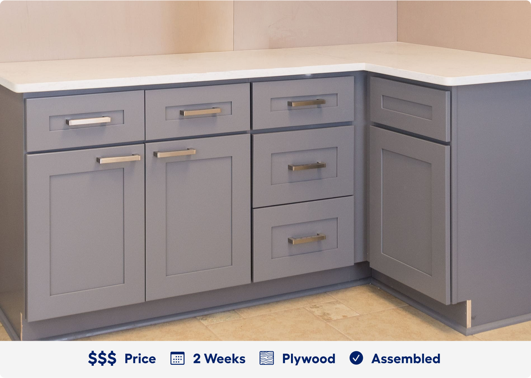 Shaker LifeArt Cabinetry. 3 dollar sign price point. Ready in 2 weeks. Made of plywood. Assembled.