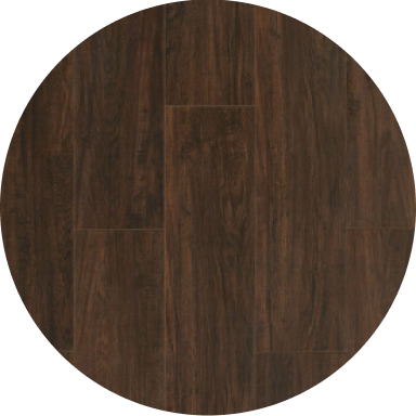 A dark brown wood-look laminate flooring color swatch.