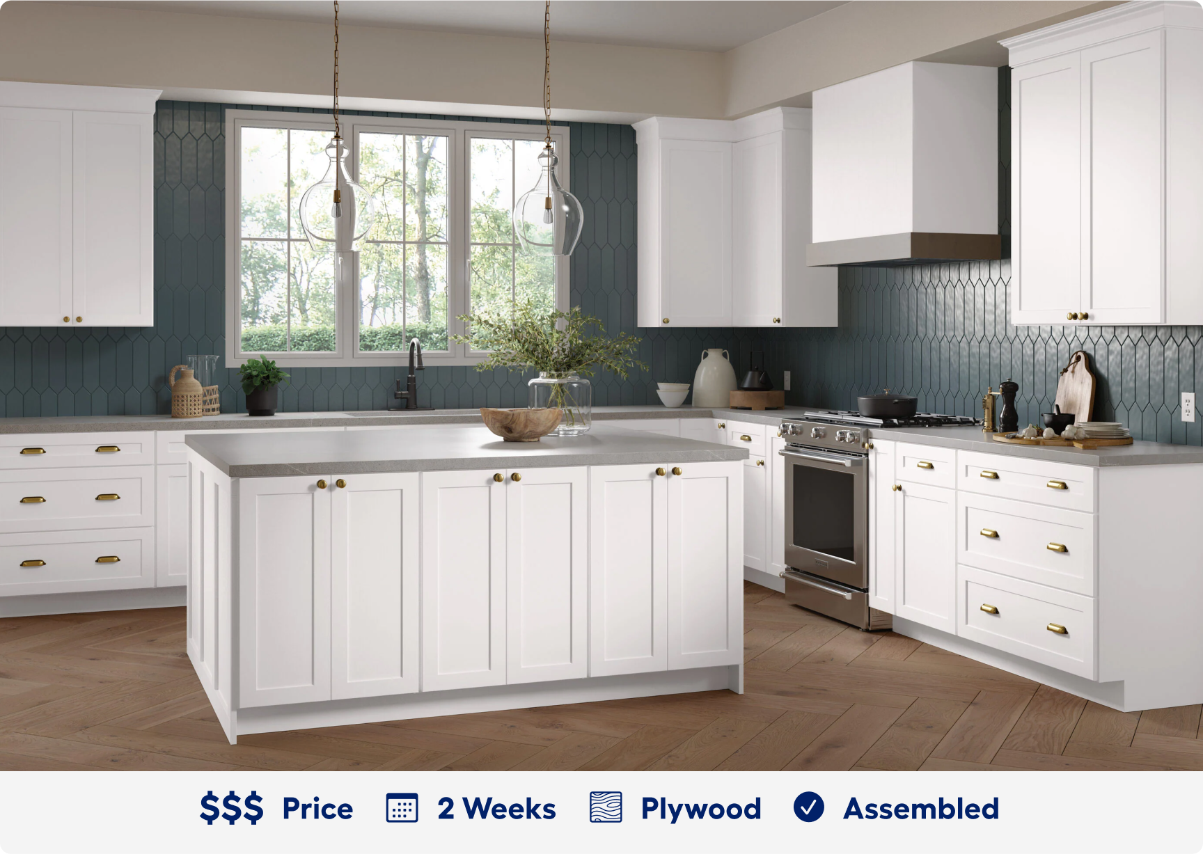 Jamestown white cabinets. 3 dollar sign price point. Ready in 2 weeks. Made of plywood. Assembled.