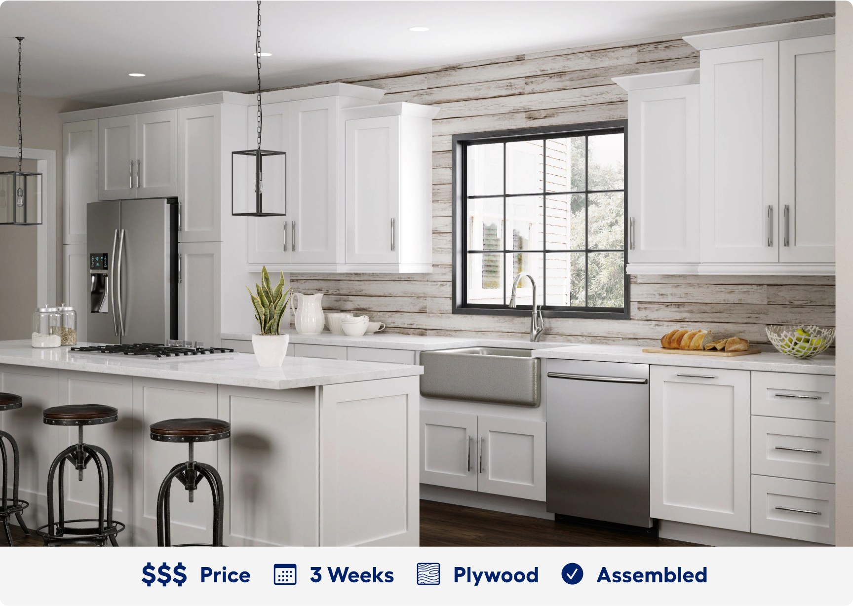 Newhaven cabinetry. 3 dollar sign price point. Ready in 3 weeks. Made of plywood. Assembled.