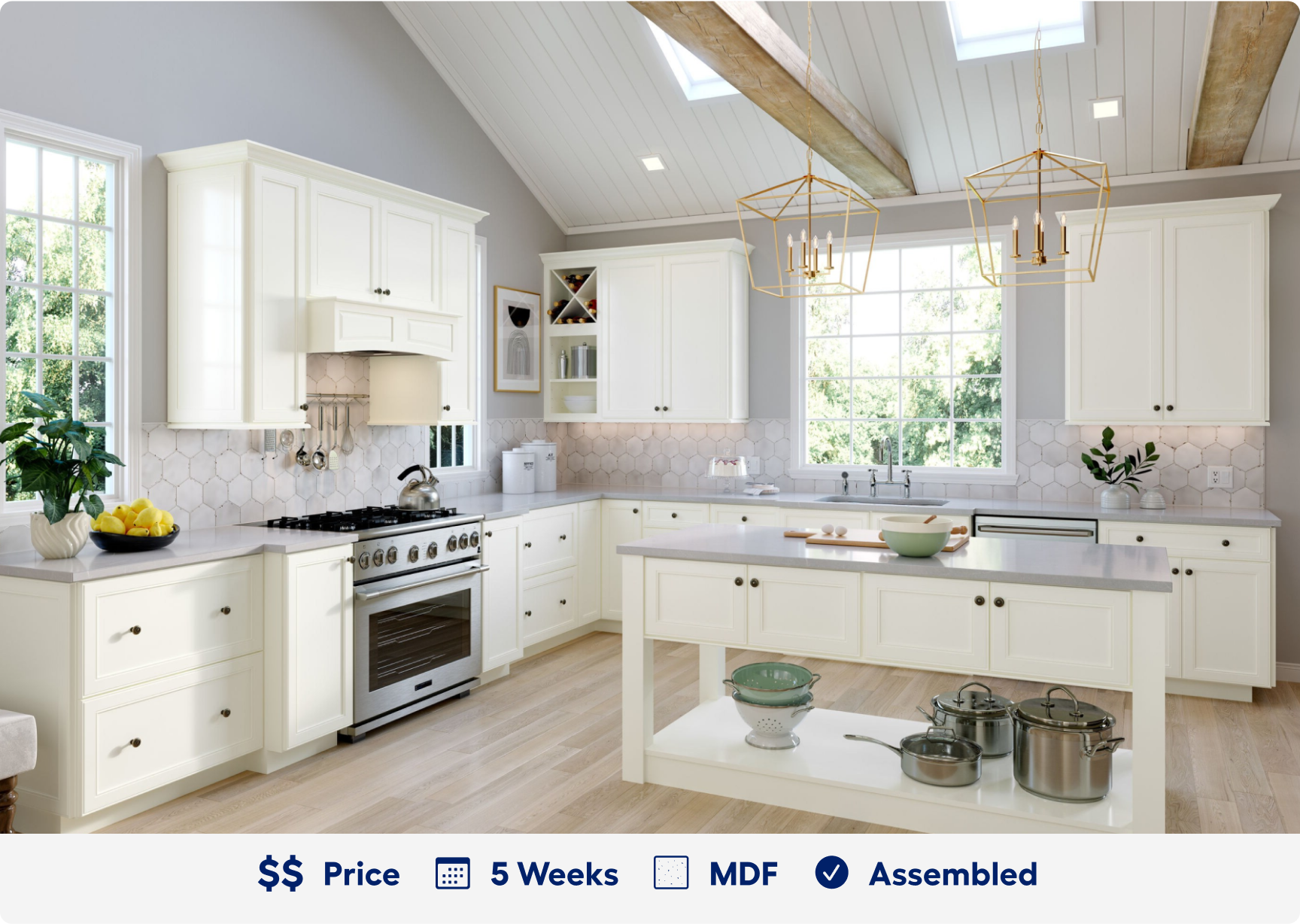 White McKeller cabinetry. 2 dollar sign price point. Ready in 5 weeks. Made of M D F. Assembled.