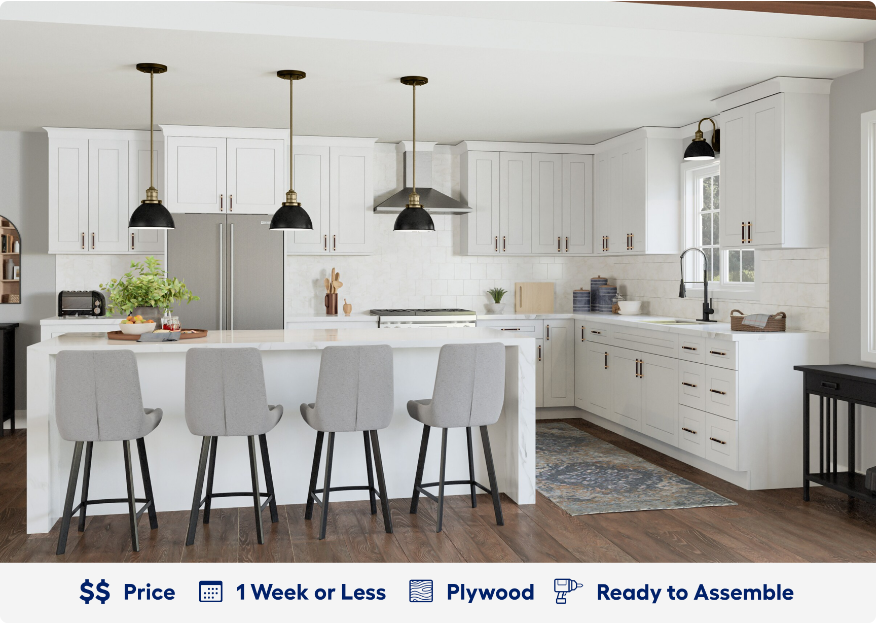 Brookings cabinetry. 2 dollar sign price point. Ready in 1 week. Made of plywood. Ready to assemble.