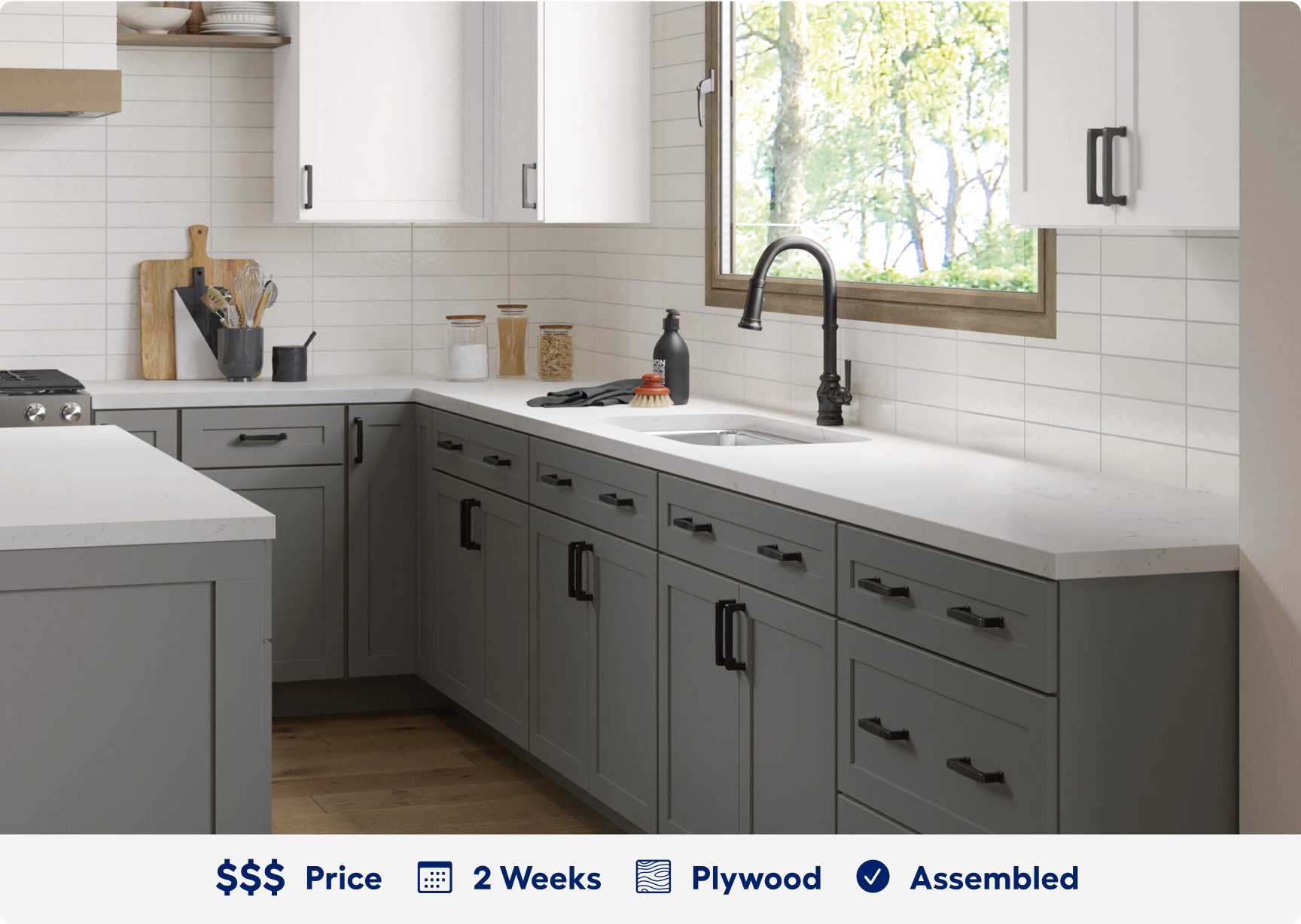 Jamestown Moonstone Gray. 3 dollar sign price point. Ready in 2 weeks. Made of plywood. Assembled.