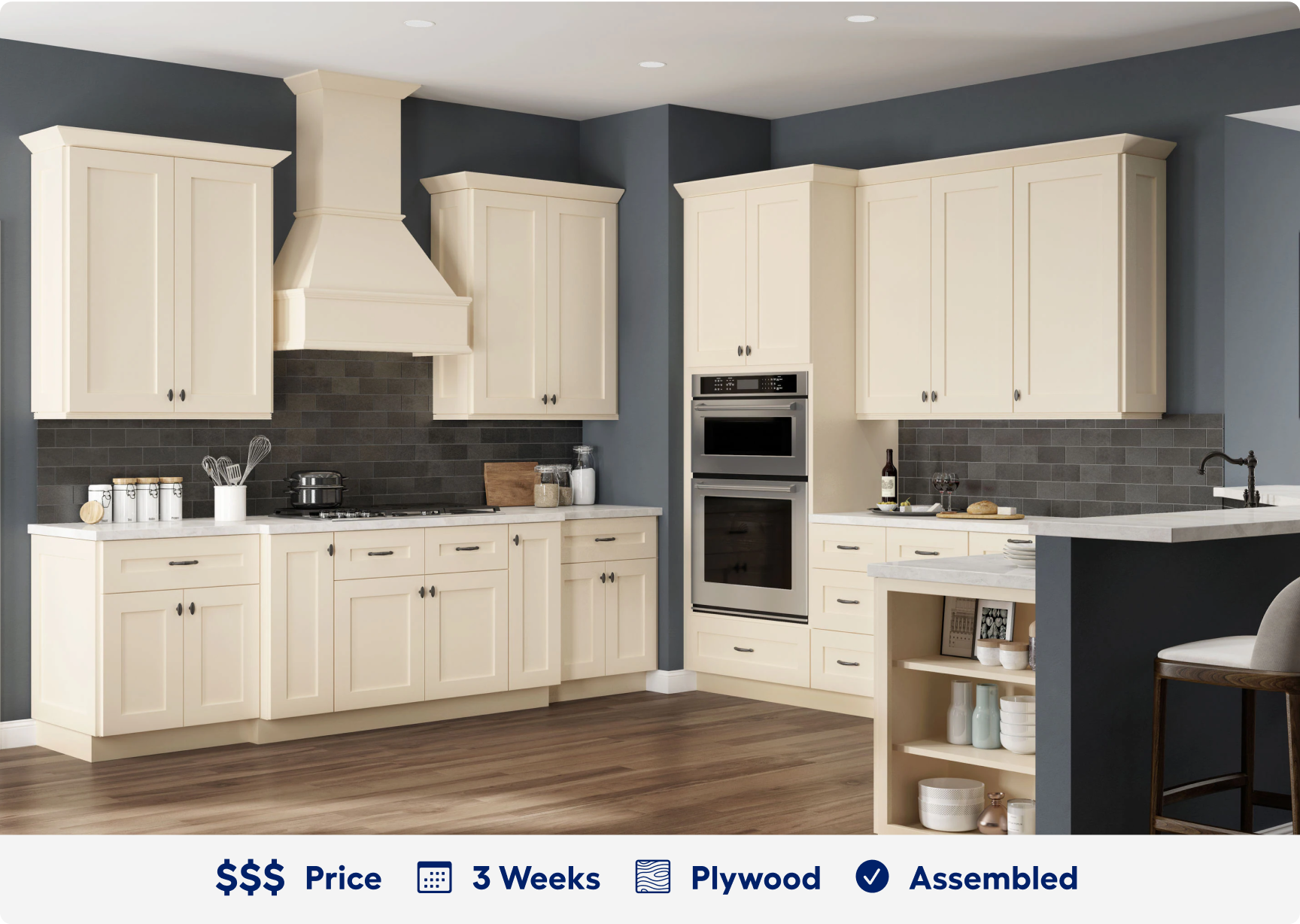 Norfolk kitchen cabinets. 3 dollar sign price point. Ready in 3 weeks. Made of plywood. Assembled.