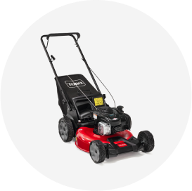 A red Toro gas walk-behind lawn mower.