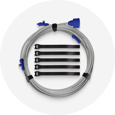 A misting kit with gray tubing and black hook and loop straps.