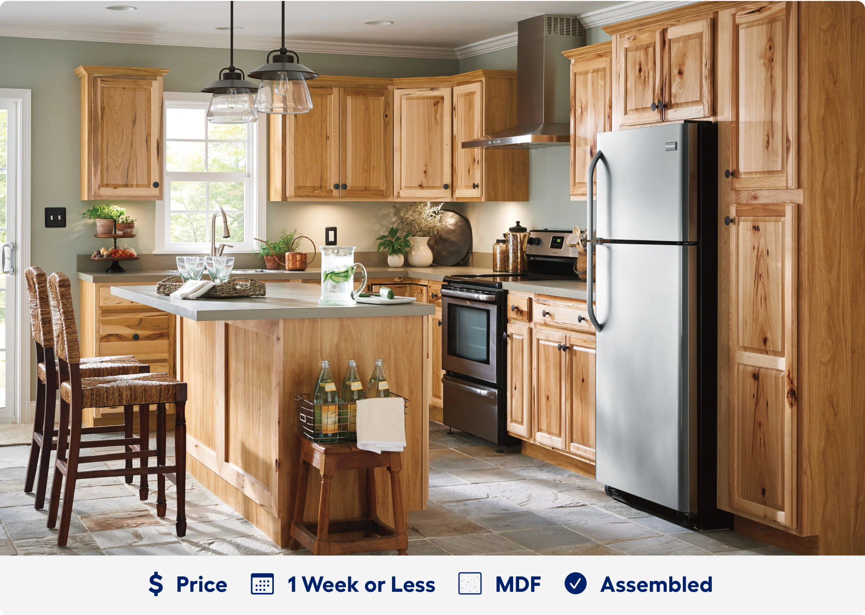 Rustic Denver cabinetry. 1 dollar sign price point. Ready in 1 week. Made of M D F. Assembled.