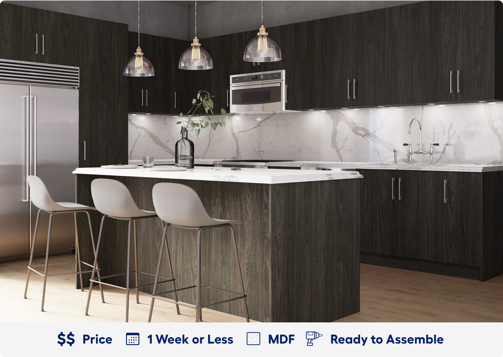 Cambridge cabinetry. 2 dollar sign price point. Ready in 1 week. Made of M D F. Ready to assemble.