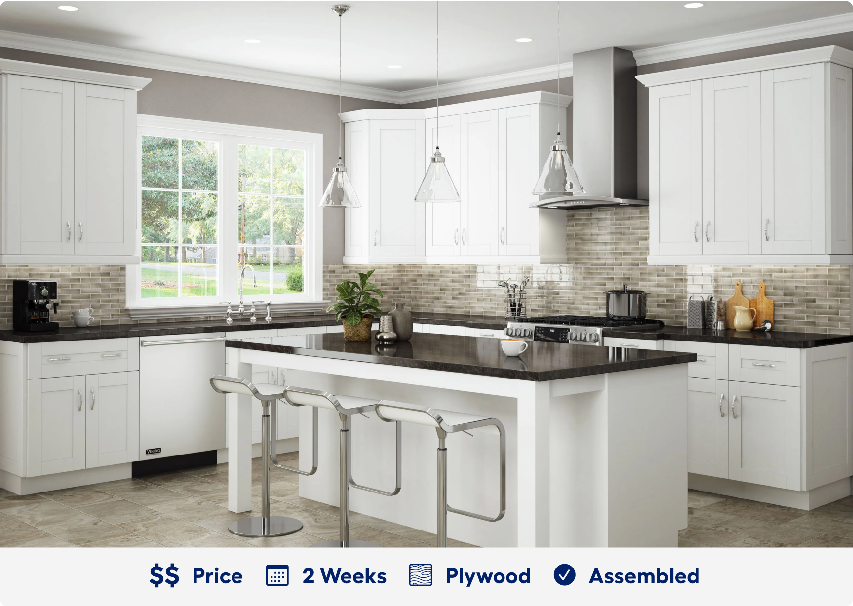 Waldorf kitchen cabinets. 2 dollar sign price point. Ready in 2 weeks. Made of plywood. Assembled.