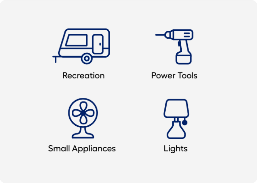 Recreation, power tools, small appliances and lights icons.