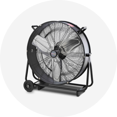 A black fan with wheels on its base.