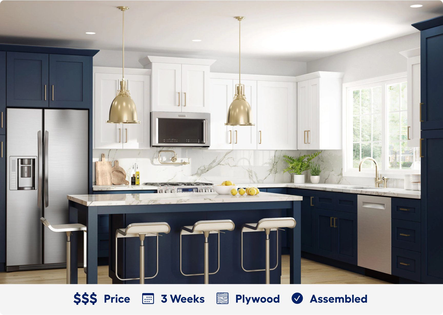 Nevada Mythic Blue cabinets. 3 dollar sign price point. Ready in 3 weeks. Made of plywood. Assembled.