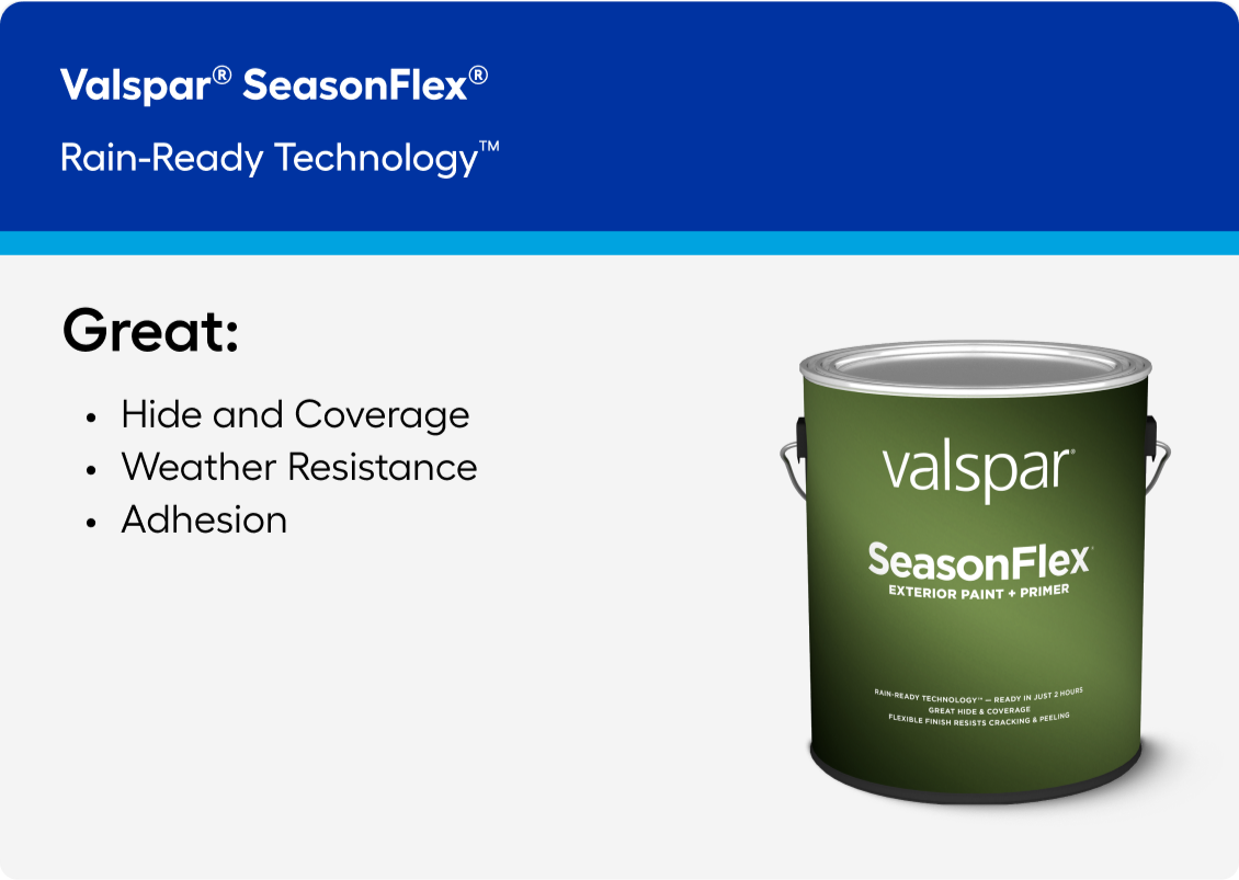 SeasonFlex has rain-ready technology, great hide and coverage, and is weather-resistant.