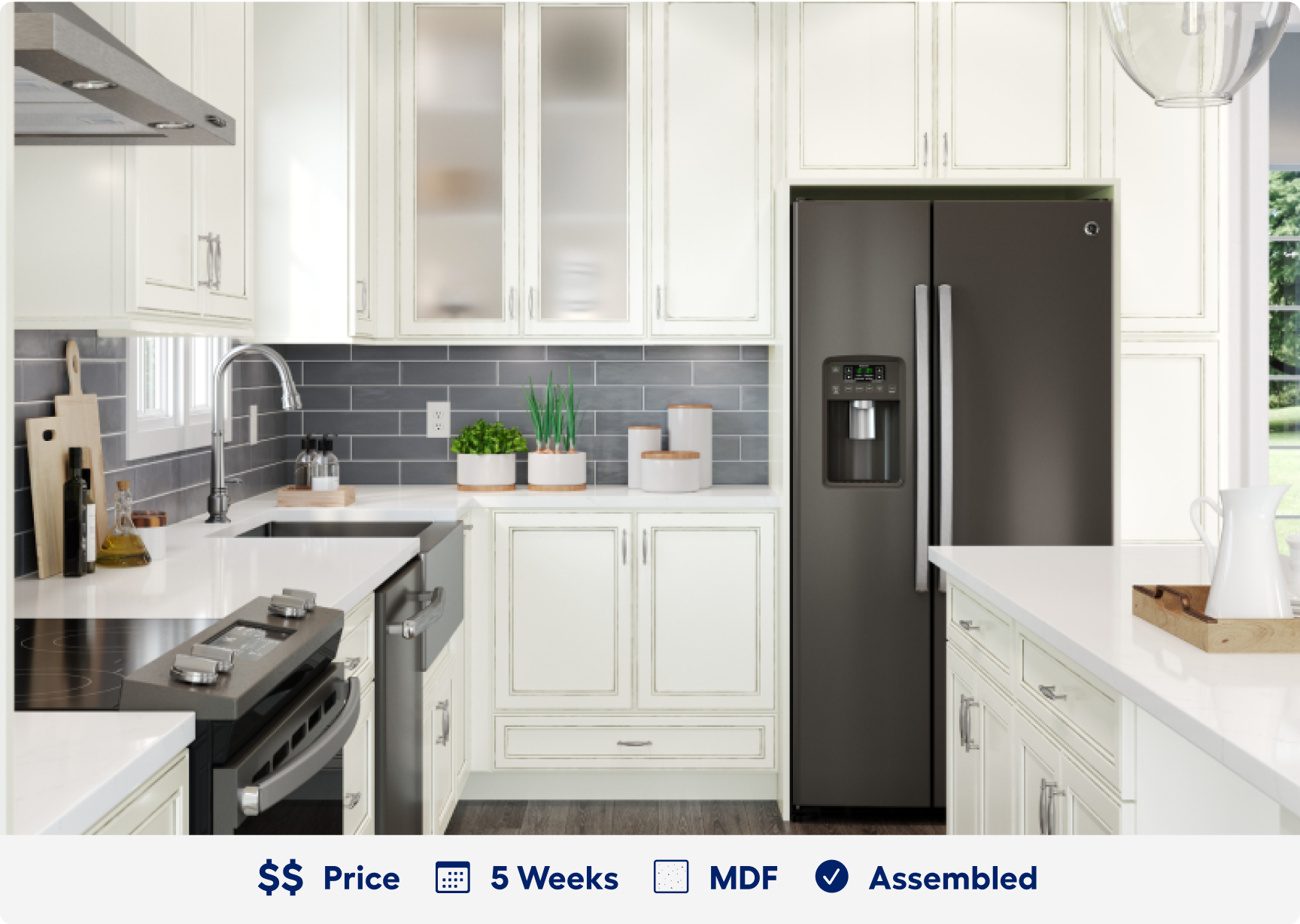 Glenloch cabinetry. 2 dollar sign price point. Ready in 5 weeks. Made of M D F. Assembled.