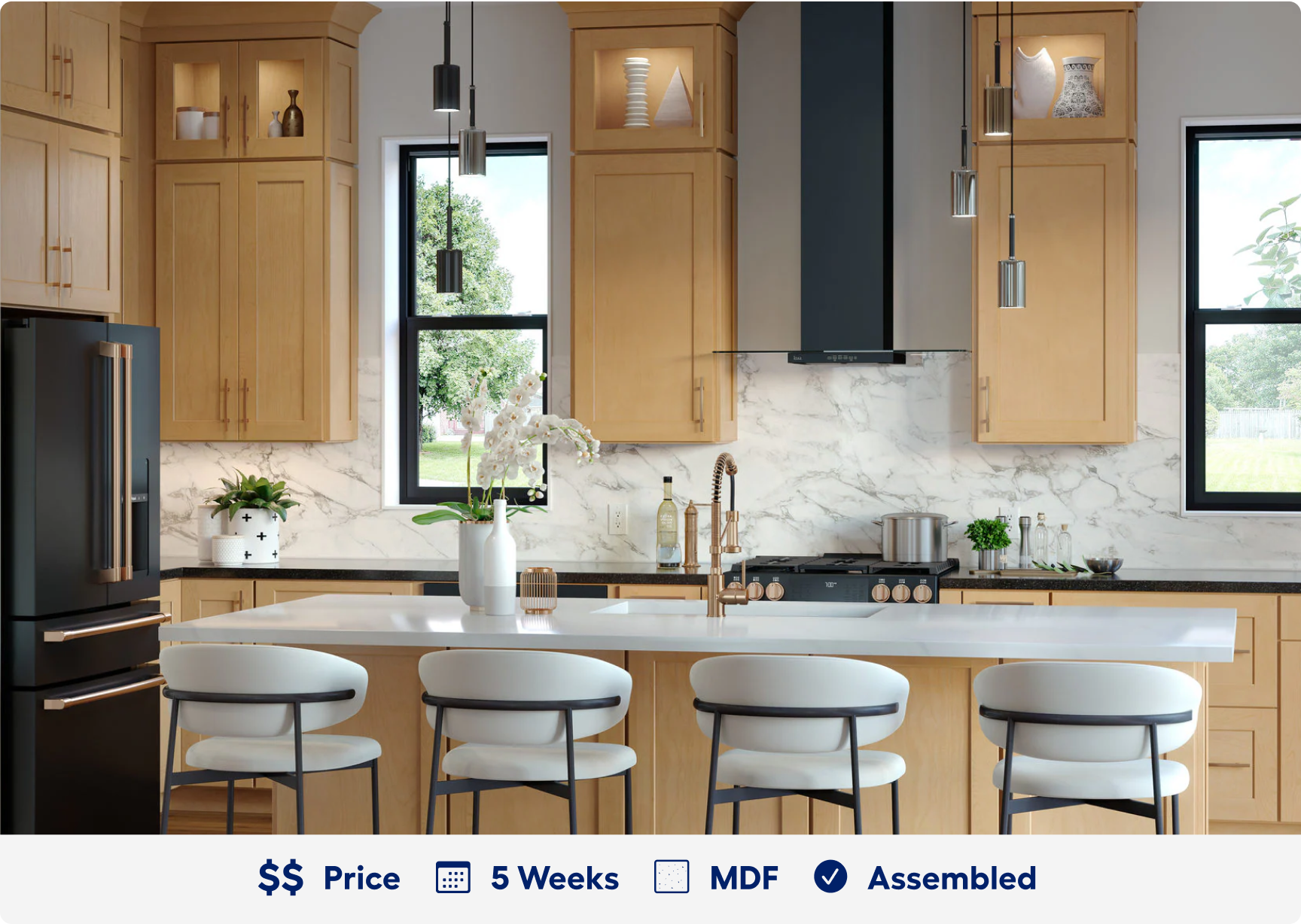 Wood Innsbrook cabinets. 2 dollar sign price point. Ready in 5 weeks. Made of M D F. Assembled.