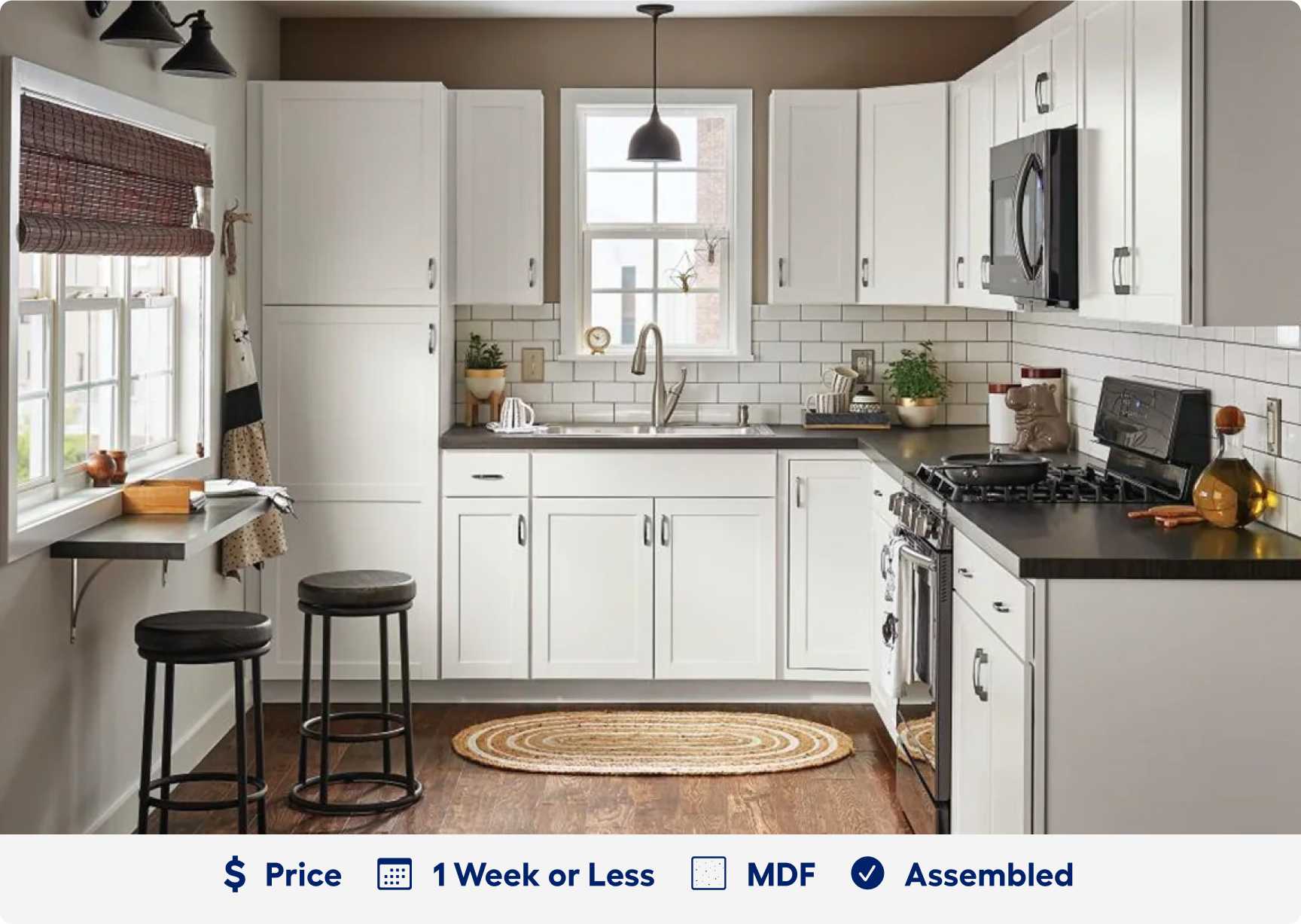 White Arcadia cabinets. One dollar sign price point. Ready in 1 week. Made of M D F. Assembled.