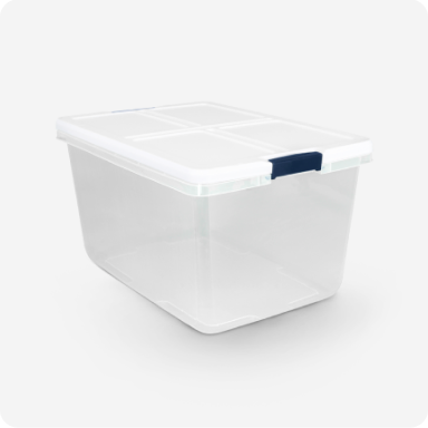 A clear storage bin with a white lid and blue handles.
