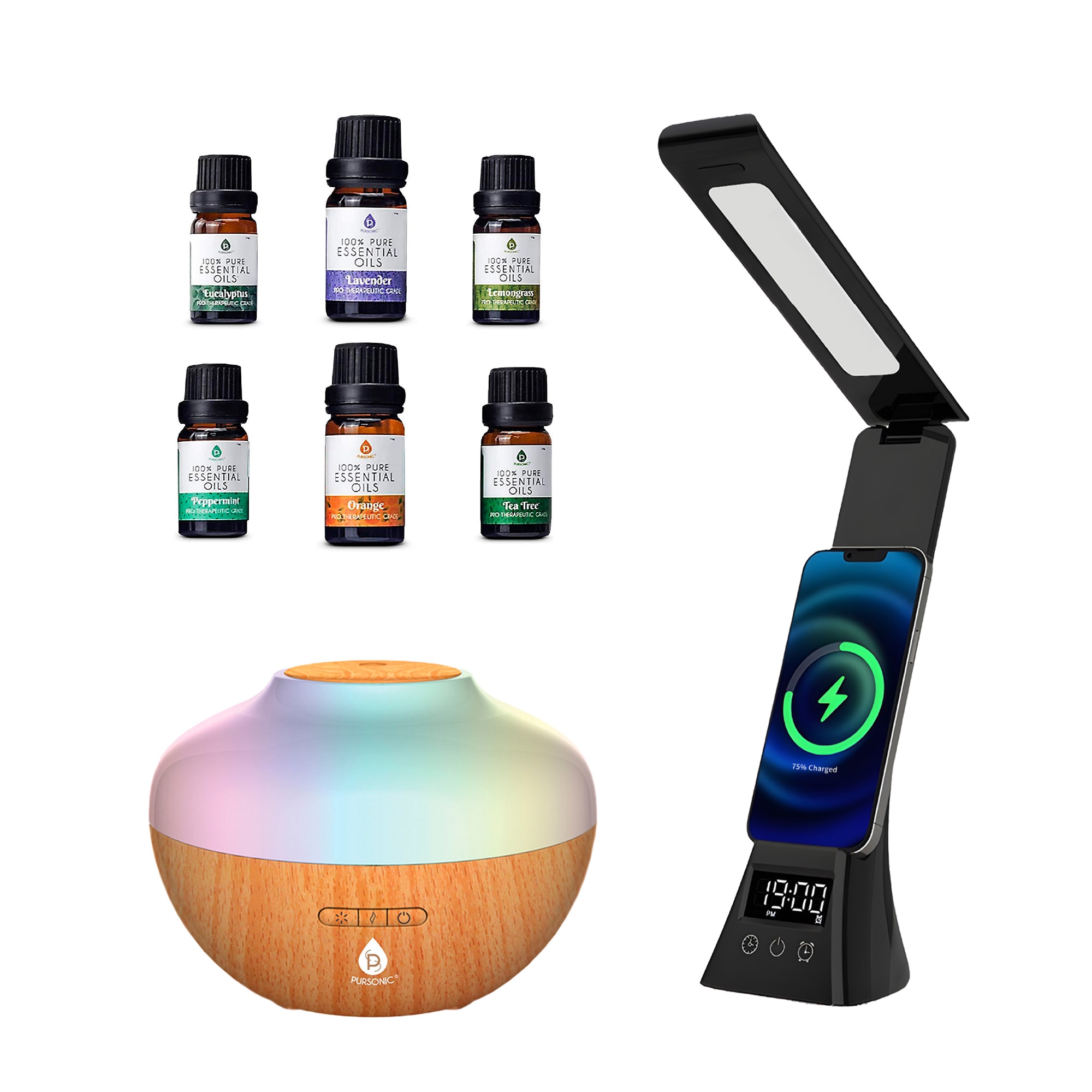 Pursonic Wellness and Productivity Essentials Bundle Wireless Charging Desk Lamp Ultrasonic Diffuser and 6-Pack 100 Percent Pure Essential Oils #WDLC3-AD400-AO6