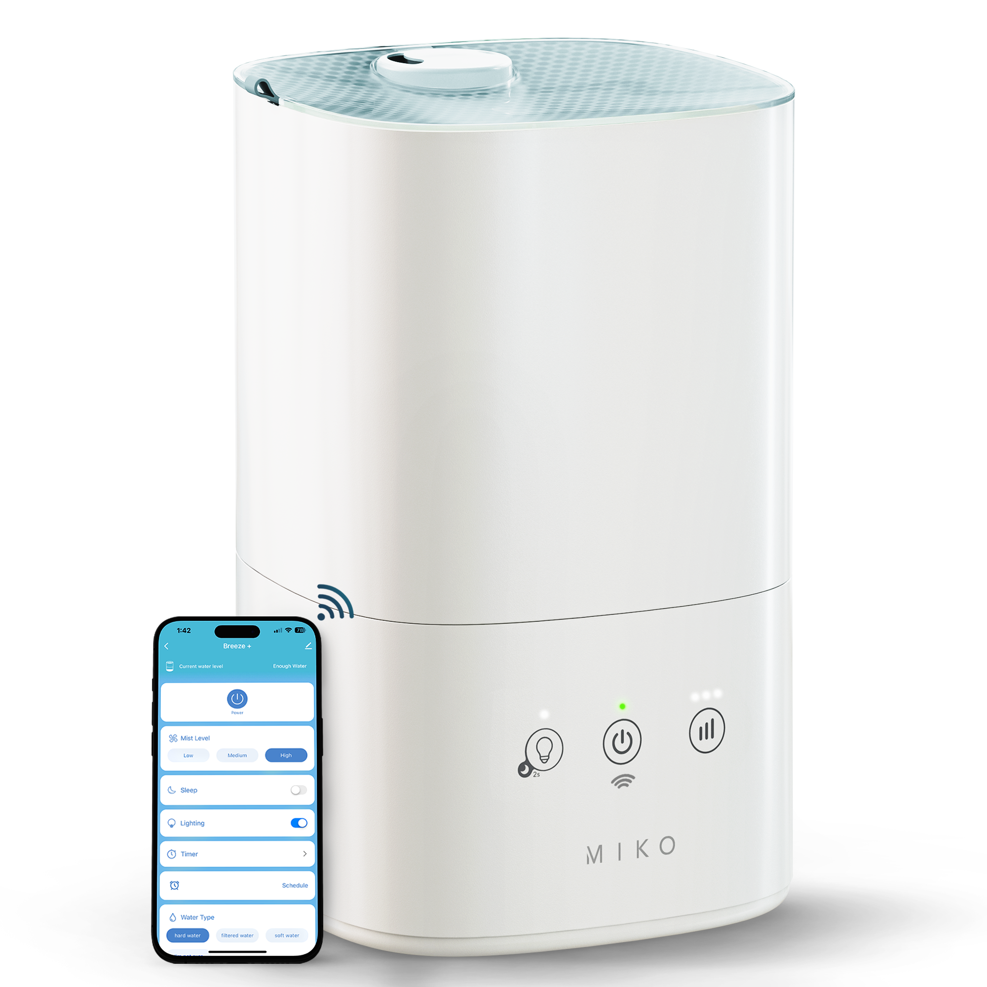 Miko Breeze Smart Cool Mist 3-Speed White Ultrasonic Humidifier with App Control and Oil Tray (Covers: 750-sq ft) #MAH-03W
