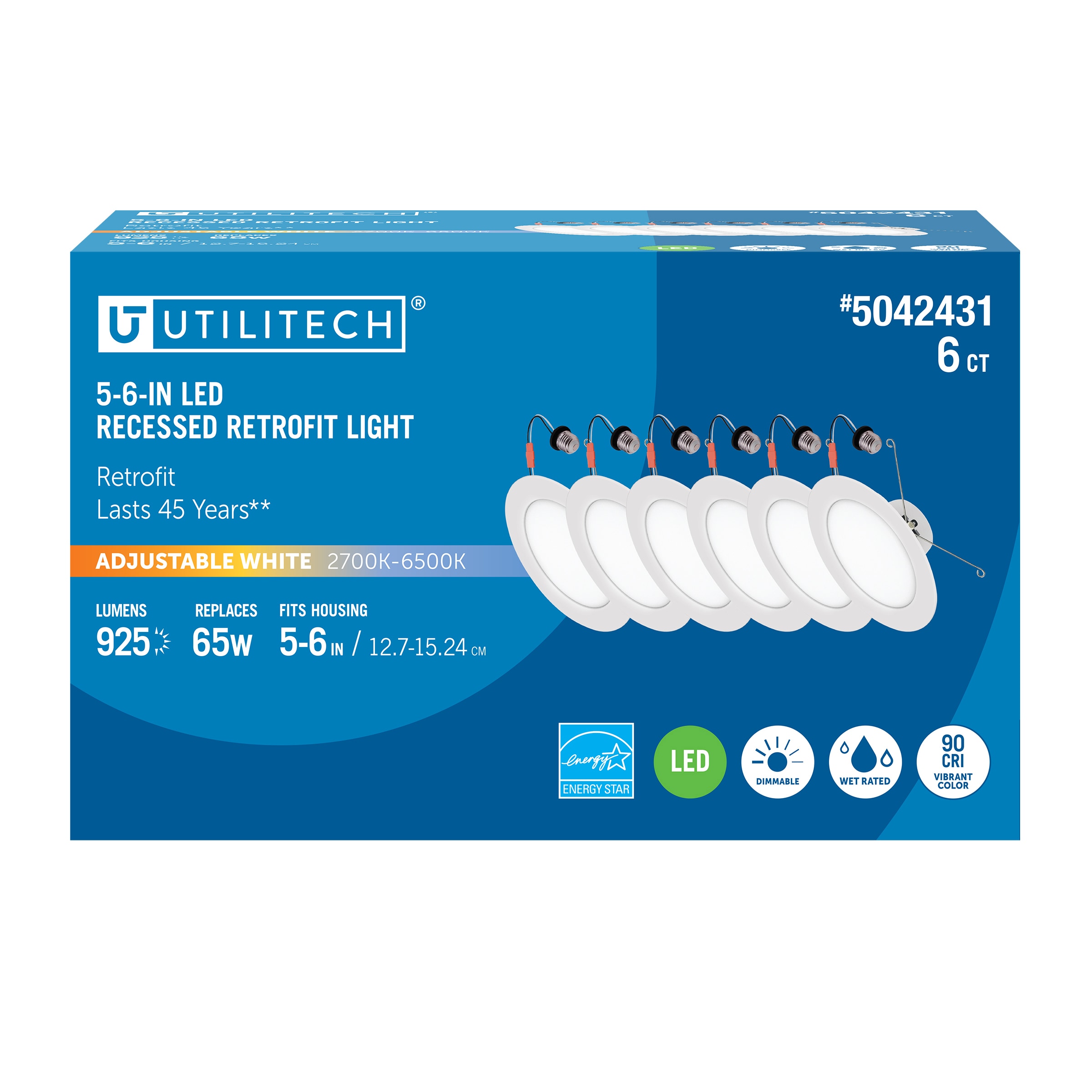 Retrofit Kit White 5-in or 6-in 925 -Lumens Switchable white Round Dimmable LED Wet rated Recessed Downlight 6 -Pack