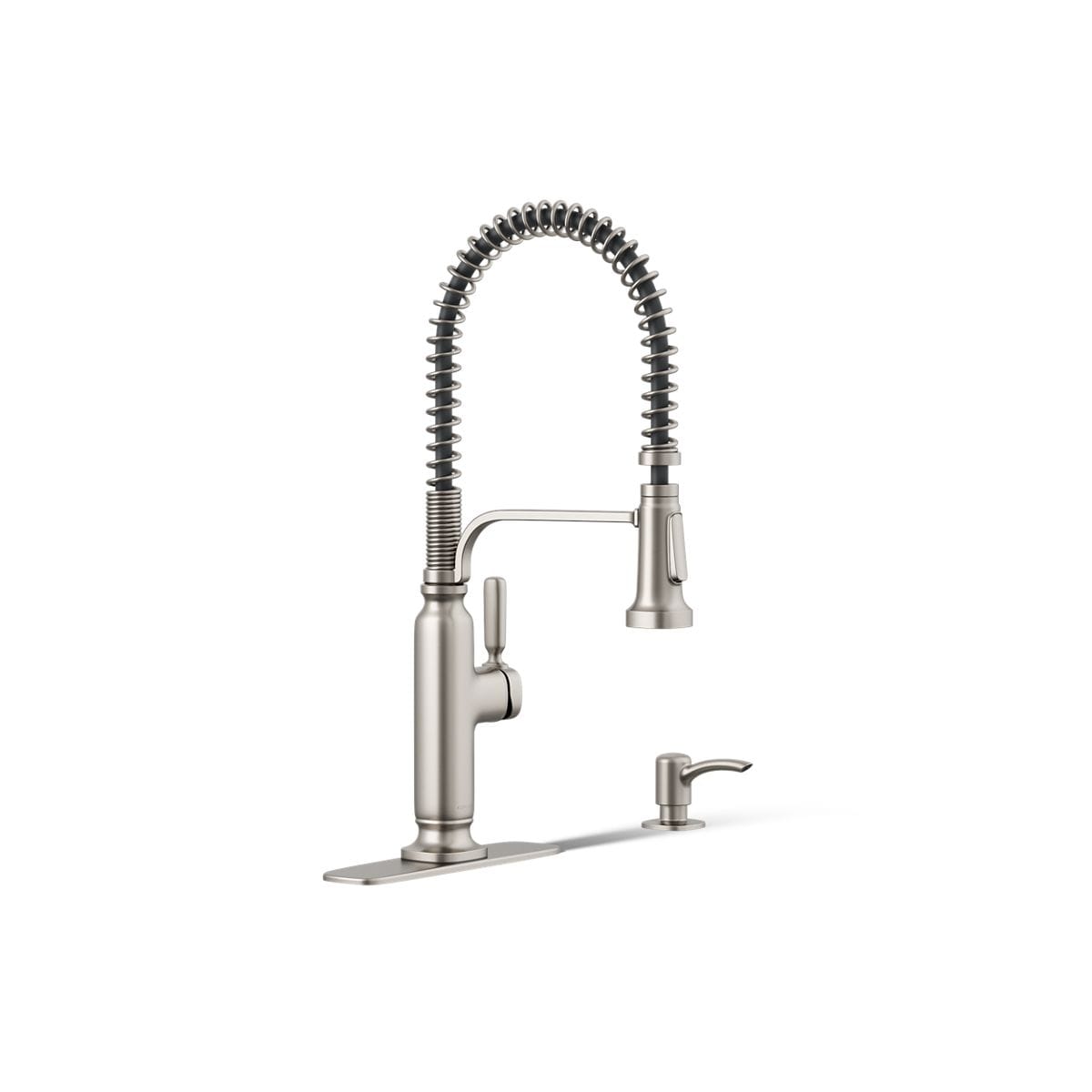 Ealing Pre-Rinse Spring Vibrant Stainless Single Handle Deck-mount Pull-down Kitchen Faucet with Sprayer (Includes Deck Plate) (Includes Soap Dispenser)