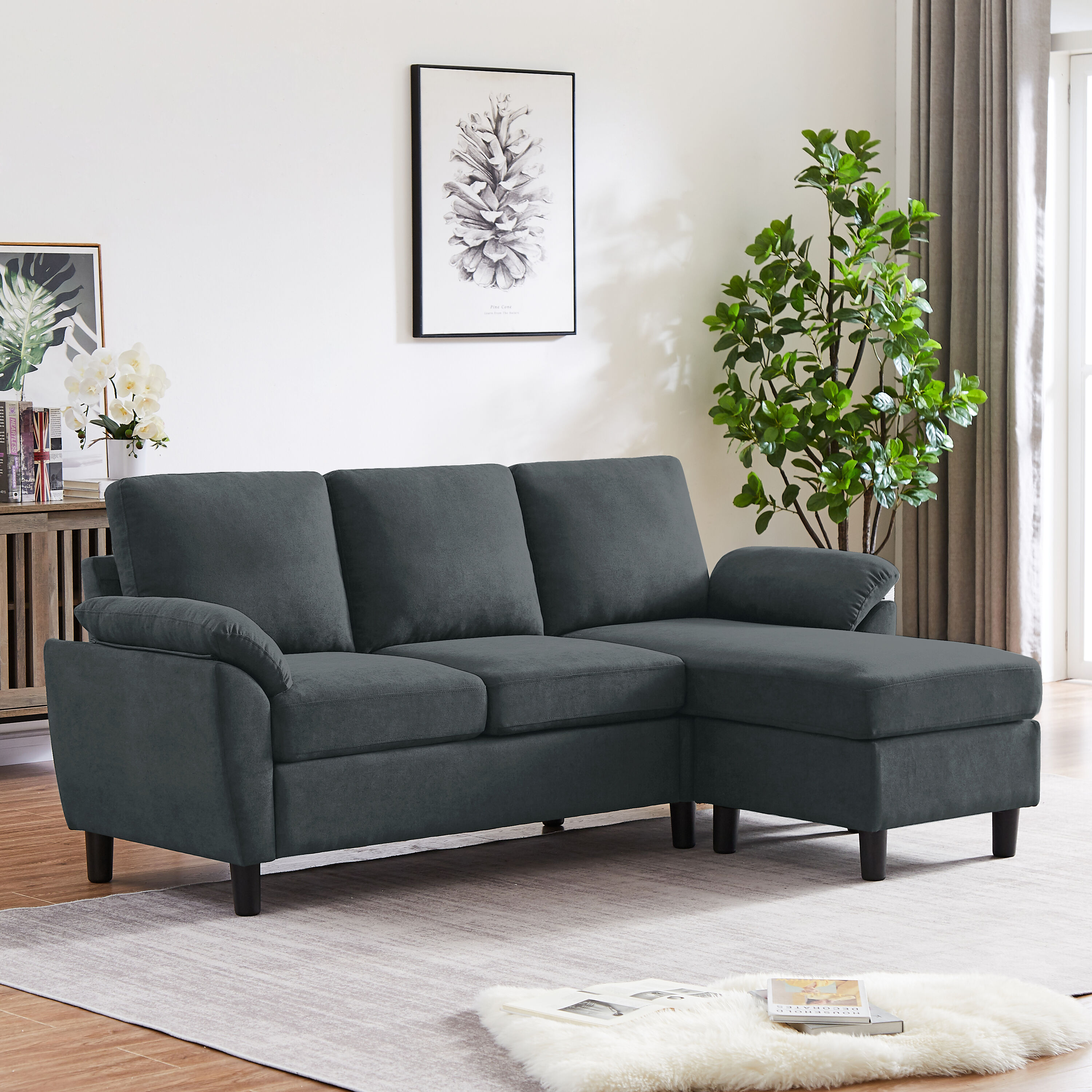 79.53-in W Casual Dark Grey Linen 3-seater Sectional with Slipcover
