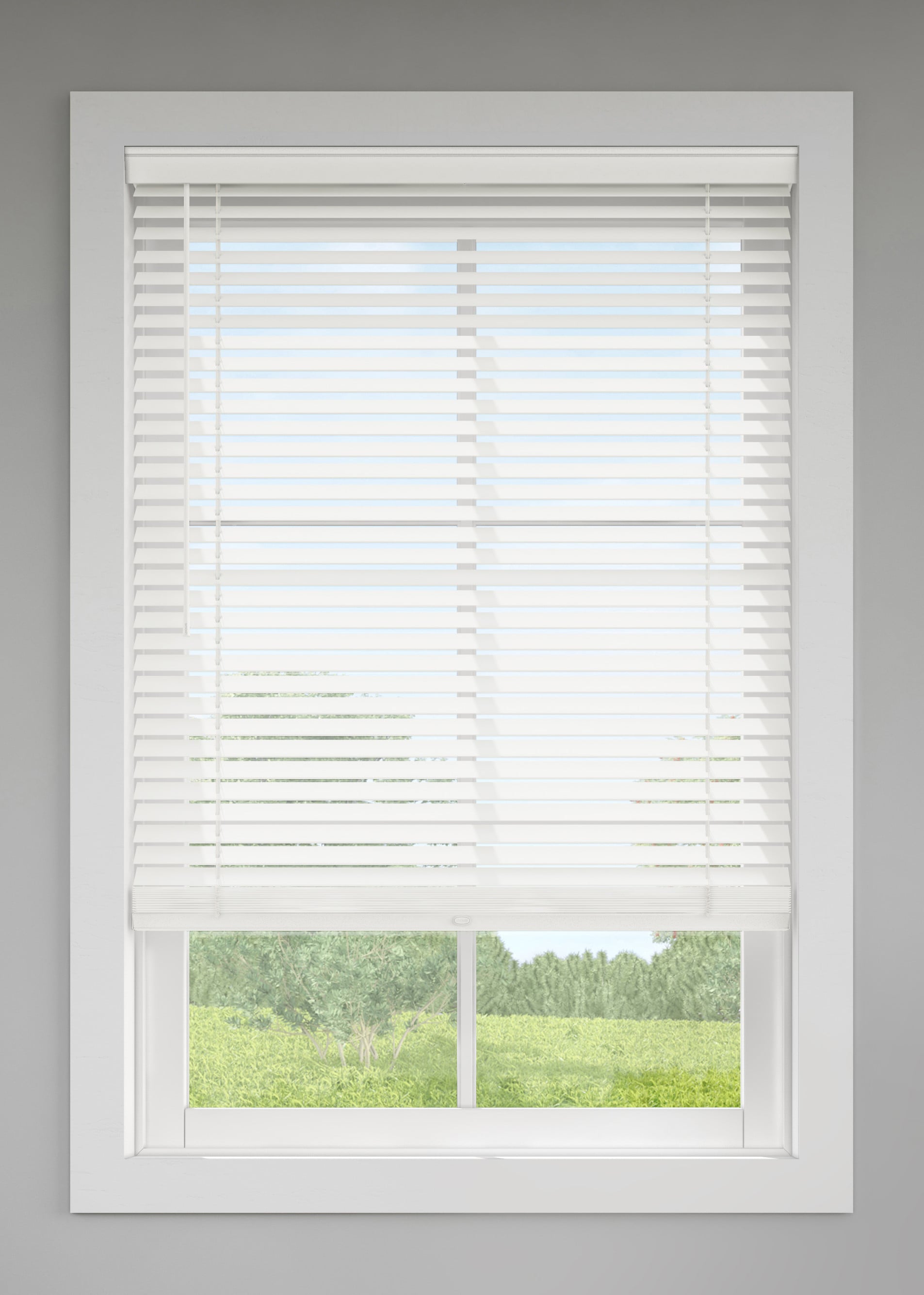 Trim+Go 2-in Slat Width 35-in x 64-in Cordless White Faux Wood Room Darkening Horizontal Blinds