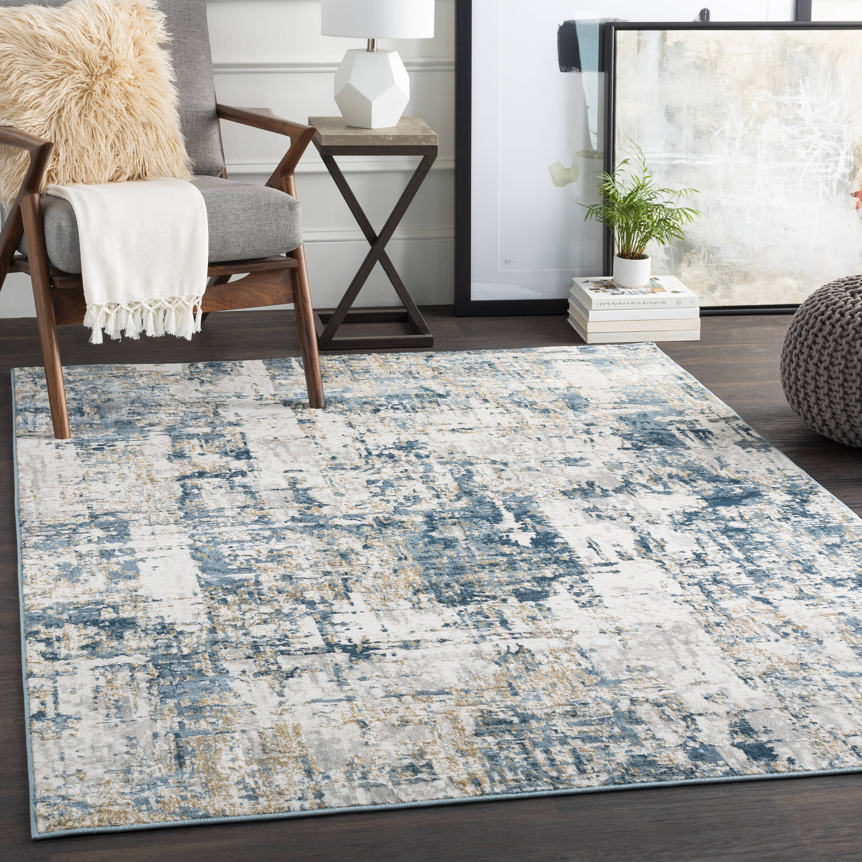 Quatro 8 x 10 (ft) Loomed Blue Rectangular Indoor Abstract Mid-Century Modern Pet Friendly Area rug