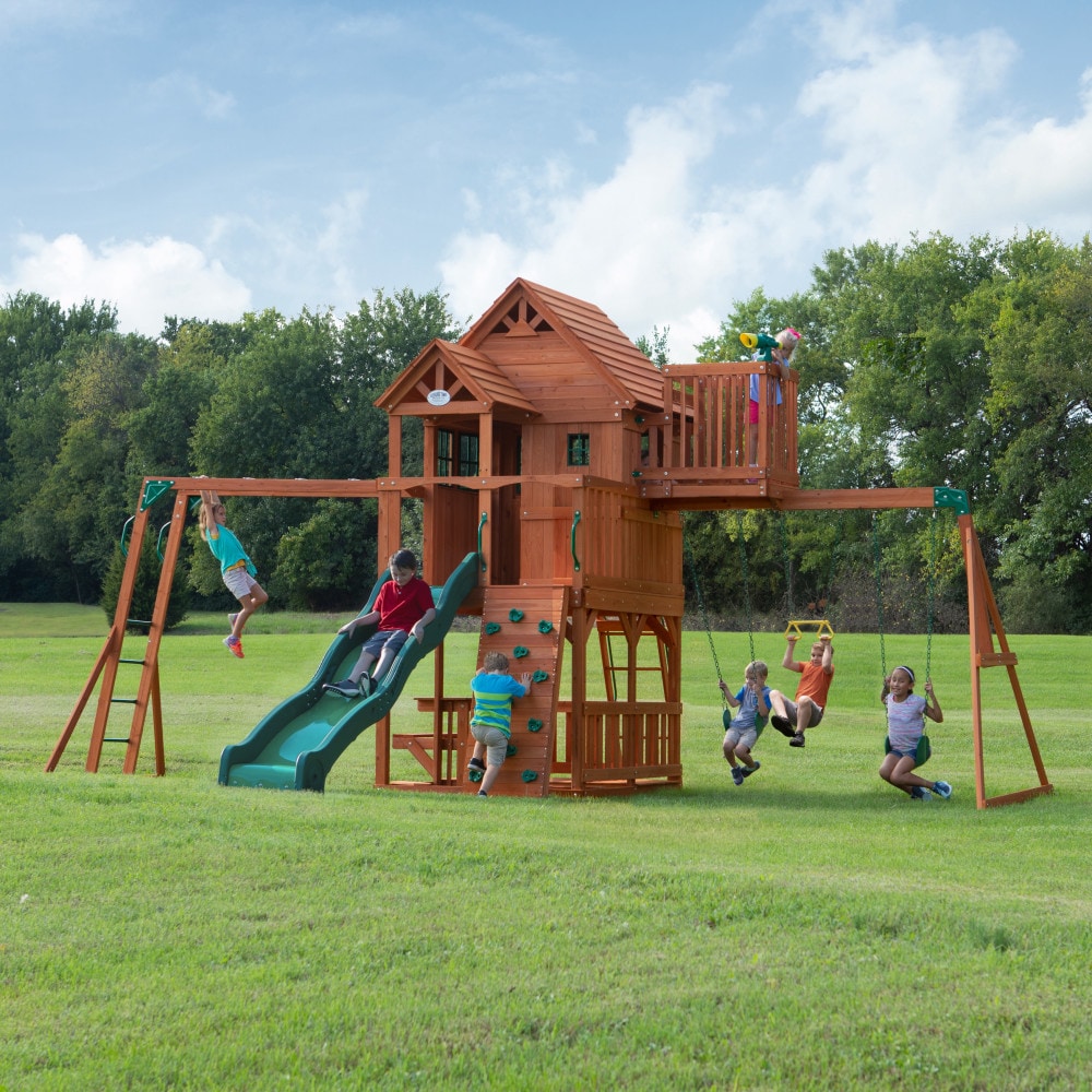 Skyfort II Residential Wood Playset with 3 Swings and Slide Included