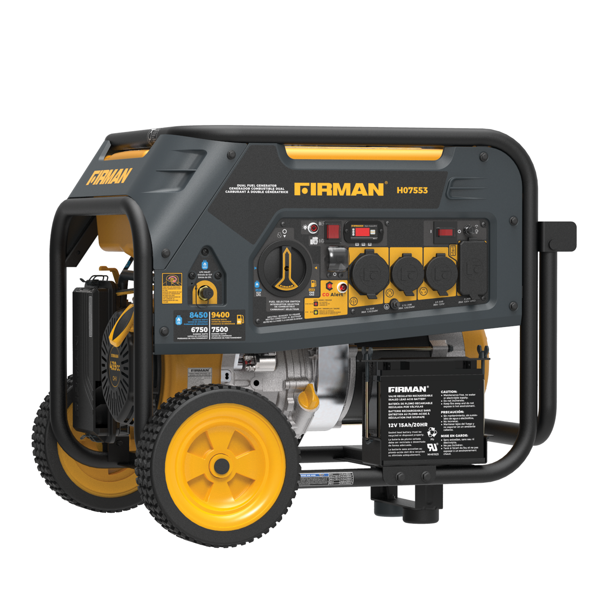 H07553 Electric Start 120/240V with Power Cord and Cover 9400 / 7500 -Watt Gasoline/Liquid propane Dual fuel Portable Generator