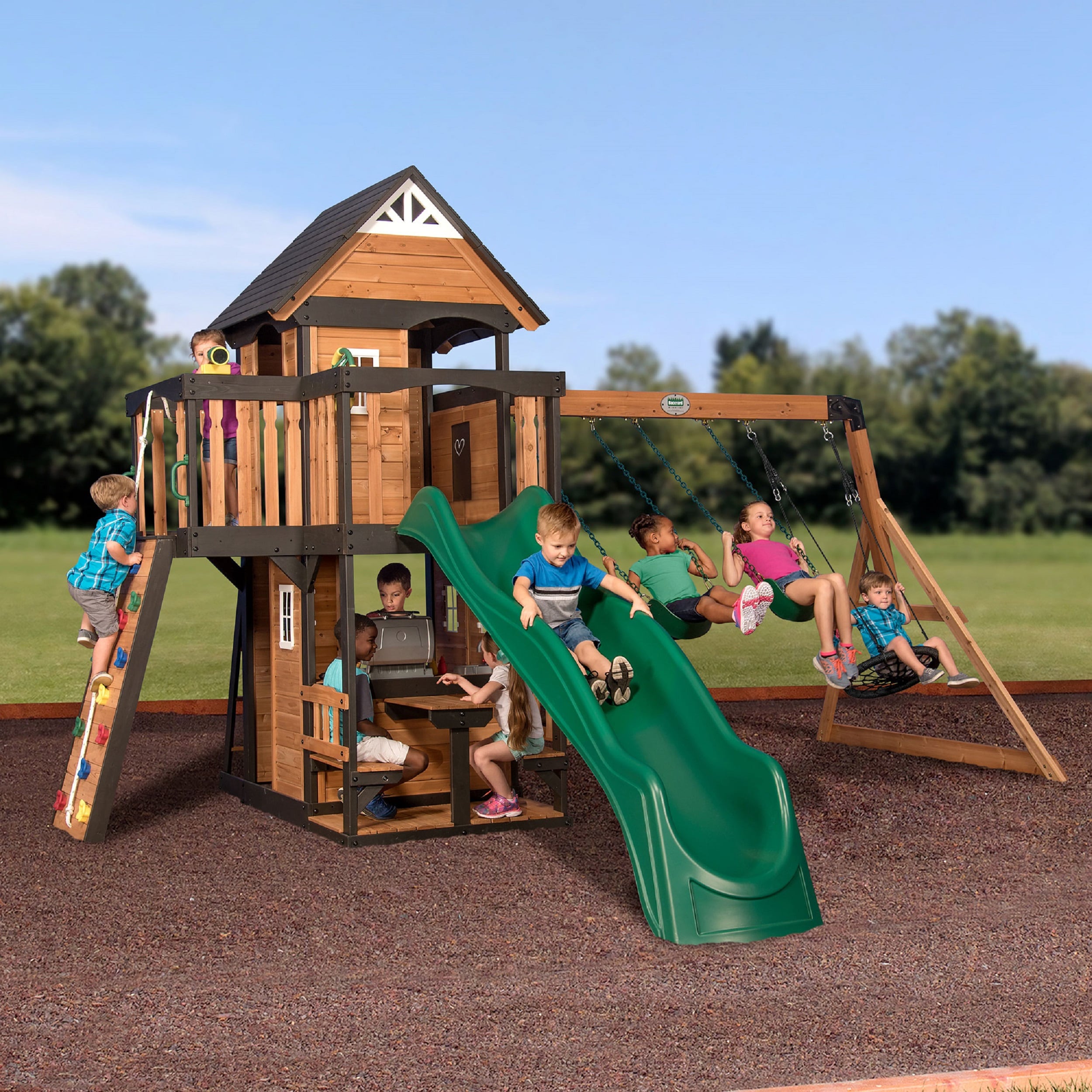 Canyon Creek Residential Wood Playset with 3 Swings and Slide Included
