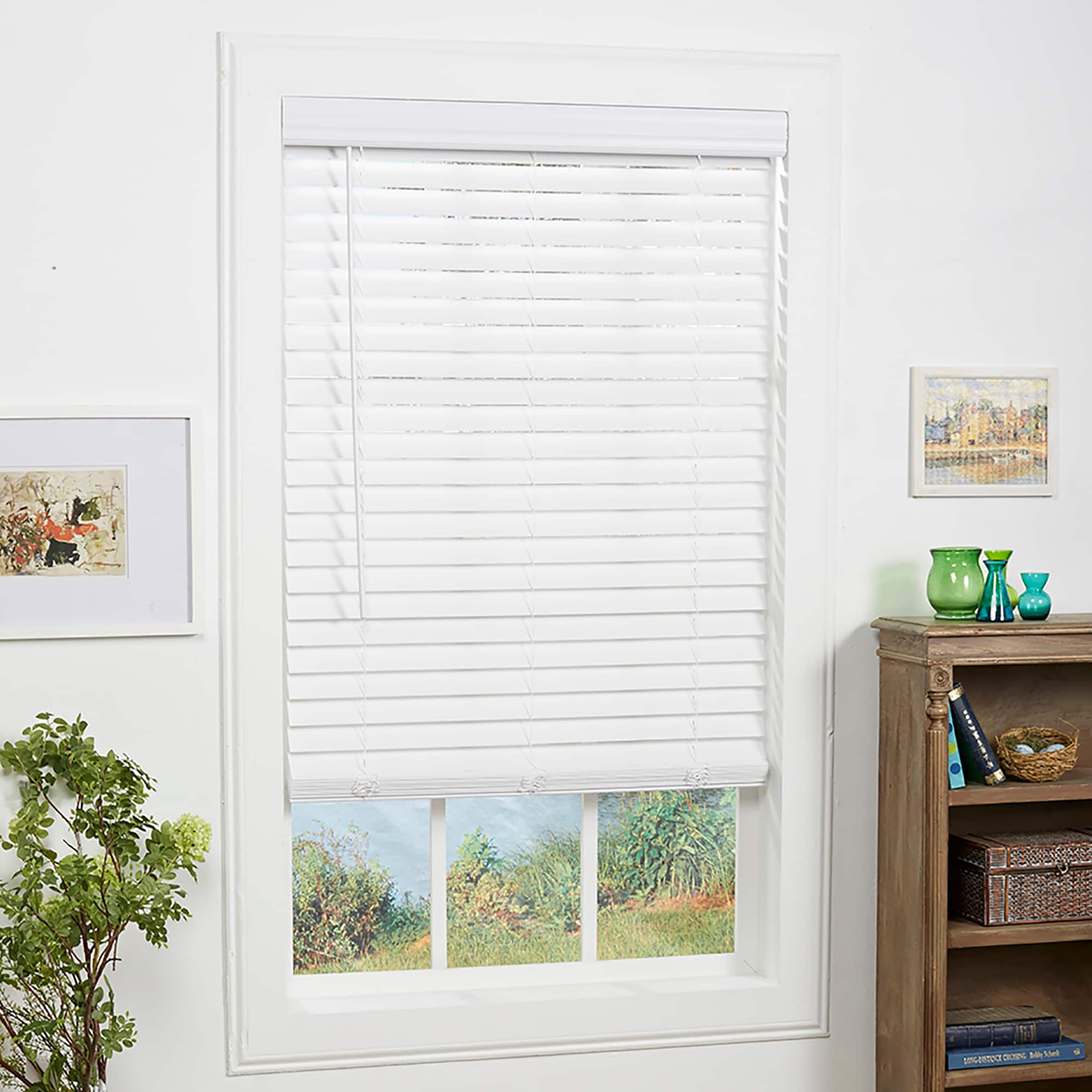 Trim at Home 2-in Slat Width 35-in x 64-in Cordless White Faux Wood Room Darkening Horizontal Blinds