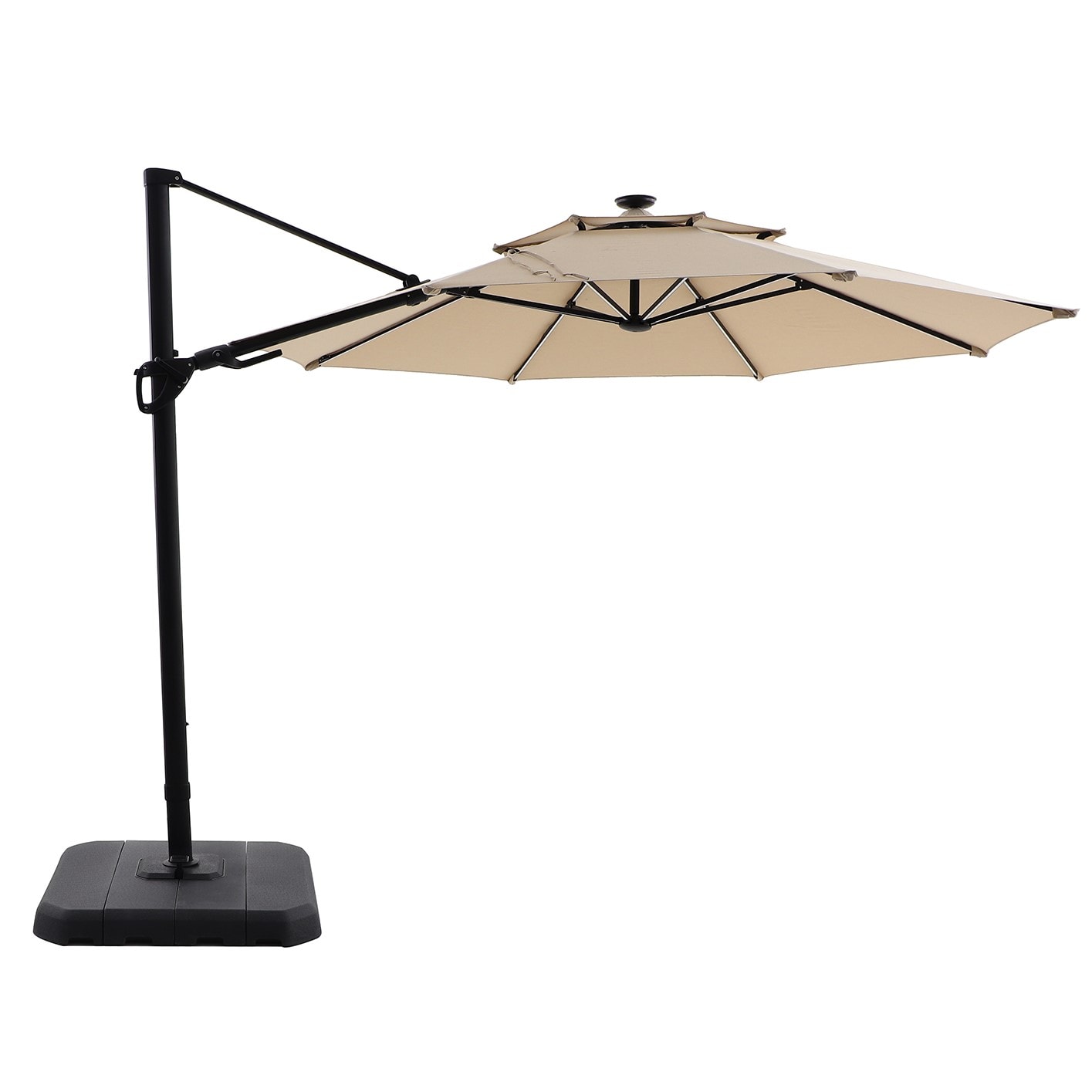 11-ft Aluminum Beige Crank Cantilever Patio Umbrella with Lights with Base